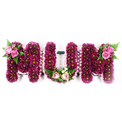 Displayed against a pristine white background, this floral tribute forms the word "MUM" in large, capital letters, each one crafted as a three-dimensional frame filled entirely with flowers. Tightly packed magenta and deep purple chrysanthemums blanket the surface of each letter, their velvety petals giving a rich, saturated colour that gently shifts with the light, reminiscent of late-afternoon shadows over Stanmore Common. The lime-green centres of the blooms peek from within the petals, adding tiny points of contrast that help define the contours of the design. Encasing the edges of the letters is a delicate border of pale pink ruffled ribbon, softly pleated and carefully pinned, adding a subtle, almost lace-like softness around the strong shapes. The first "M" is adorned on its upper left curve with a small yet luxurious grouping of bright pink roses, their spiralling petals in various stages of opening, accompanied by airy fern fronds and mixed foliage. The "U" carries a low, tender arrangement at its base: pale blush roses, cream flowers and fresh greenery gathered in a gentle crescent, offering a sense of calm at the heart of the tribute. On the upper right of the second "M", another matching spray of deep pink roses and foliage provides balance and visual rhythm, tying the whole composition together. Created with the sensitivity of an experienced local florist serving Stanmore families, this personalised funeral arrangement is a touching way to honour a mother's life at a church service, memorial, or graveside gathering.