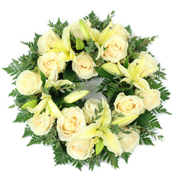 Presented flat and photographed from above, this refined sympathy wreath combines creamy white roses and pale lemon-yellow lilies against a plush foundation of varied green foliage, a style we often prepare for services around Stanmore High Street and Canons Park. The composition is densely packed to feel generous and steady: approximately a dozen to twenty fully opened roses form the main circumference, their tightly furled petals creating a soft, ivory halo. Interspersed are trumpet-shaped lilies in a gentle butter-yellow; some flowers open fully to show their slender stamens, others remain in graceful buds that add rhythm and promise of bloom. The foliage beneath is layered for depth and texture - feathery fern fronds lend a delicate, airy border while rounded eucalyptus-like leaves give a cool, matte contrast and subtle scent. The overall palette of cream, pale yellow, and deep green is kept serene and restrained, intended to convey purity and peaceful remembrance rather than spectacle. Light plays softly across the petals, creating a calm luminosity on the cream tones while shadows in the greenery provide grounding. This wreath is designed for funeral settings, memorial displays, or a graveside tribute; we at Flowers Stanmore craft each piece with the quiet respect such moments require and can arrange local delivery to Stanmore, Canons Park, or nearby Harrow when needed. The design's circular form, compact density, and gentle scents together create a comforting visual and sensory tribute.