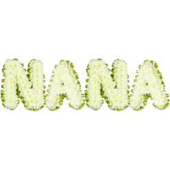 A striking sympathy tribute spells "NANA" in perfectly formed, cloudlike letters crafted entirely from snowy white button chrysanthemums, each bloom tightly clustered to create a soft, sculpted surface that reads as both delicate and substantial. The petals' tiny, rounded shapes form a serene, tactile texture that invites a gentle, reverent touch, while the trimmed green ribbon-like foliage that outlines each letter provides a crisp, living contrast-like a frame of fresh leaves that defines and lifts the white petals from the stark backdrop. Under bright, even lighting the arrangement shows clear depth: the blooms sit full and firm, their centers slightly shadowed, giving the letters three-dimensional presence suited to a funeral chapel or visitation table. The overall impression is one of calm and dignified remembrance; the cool whiteness suggests purity and peace, the green trim a quiet nod to renewal. As local florists at Flowers Stanmore would arrange for families in the Stanmore area, this piece is designed to convey love and gratitude for a grandmother, often ordered for graveside services at Bentley Priory or for viewings near Stanmore Station and Stanmore Hill. The scent is subtle - the clean, green note of fresh foliage and the faint, powdery perfume of chrysanthemum - and the craftsmanship shows meticulous attention to density, symmetry, and transport so that the tribute arrives fresh and intact. It reads as a respectful, personal farewell: a visual emblem of memory, comfort, and honour for a cherished Nana.