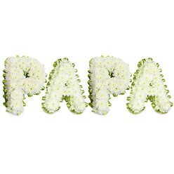 A lovingly made, custom memorial piece that spells PAPA in bold, uppercase letters, each letter formed from tight clusters of small white chrysanthemums that produce a soft, pillowed texture. The flowers are arranged with an exacting hand so the topography of each letter reads slightly domed, textured, and gently luminous against the stark white background. A folded ribbon of pale lime-green, or a thin trim of fresh foliage, outlines every character with a subtle ruffle, giving definition and a breath of natural colour that frames the white blooms with understated elegance. The effect is soothing: the whites speak of purity and peace while the green suggests renewal and calm. You can almost sense the light, clean fragrance of the blossoms and the hushed presence they bring to a room. This kind of tribute is intended for funeral services, memorials, or a wake where families honour a father or grandfather - an intimate spelling that carries the warmth of a family name. As a local touch, this arrangement is created with the sensibilities of Stanmore in mind, easily delivered to services around Stanmore Station, Stanmore Broadway, or the quiet lanes near Bentley Priory. Flowers Stanmore crafts pieces like this with respect and discreet care, ensuring the letters remain neat, the ribbon edge precise, and the overall tone appropriate for reflection and remembrance.