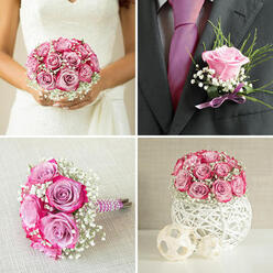 In this photograph, a bridal bouquet of blush pink and lilac roses takes centre stage, nestled against the bodice of a lace wedding dress and capturing the grace of a Stanmore celebration. The bouquet's shape is softly rounded, with tightly packed roses creating a lush, luxurious core. The primary colour is a gentle blush pink, each rose opening in layered spirals that reveal a velvety texture and subtle gradations of tone. Mixed among them are hints of lilac or soft lavender roses, whose cooler hues introduce depth and sophistication to the palette. Surrounding this cluster is a delicate cloud of white gypsophila, its countless tiny blossoms forming a fine, airy frame around the more substantial rose heads. This baby's breath lightens the bouquet's outline, giving it a floating quality, like mist drifting across the open spaces near Stanmore Common. The lace of the bride's gown, glimpsed behind the bouquet, adds another layer of texture: intricate floral patterns and fine threadwork that echo the real flowers in motif and softness. Natural light appears to pour in from one side, highlighting the upper petals of the roses and catching on the gypsophila, while creating gentle shadows that add depth. The stems are mostly hidden from view, but the way the bride's hands curve around the bouquet suggests a comfortable, balanced weight. The mood is serene and romantic, as though the bride is pausing for a breath before stepping into the aisle of a Stanmore church or elegant local venue. This bouquet feels like a thoughtful expression of her personality-fresh, romantic, and full of hope-carefully crafted to harmonise with her lace dress and the softly lit surroundings of her wedding day.