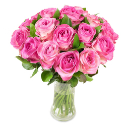 An abundant, rounded bouquet of about two dozen pink roses is arranged tightly into a plush dome and presented in a clear, gently curved glass vase against a pristine white studio background. Each bloom reveals a small, concentrated heart of deep fuchsia or magenta that softly transitions to a lighter blush and sometimes a whisper of creamy white at the outer petals - a gradient that gives the whole arrangement depth and movement. The petals look satiny beneath even lighting, their spiral centres radiating classic rosette forms, while the rich green foliage that threads through the bouquet adds cool contrast and natural texture. The glass vase narrows slightly at its midsection so the stems sit neatly submerged in clear water, visible and freshly trimmed, a simple detail that speaks to careful preparation. The overall scent would be a gentle, sweet perfume - garden-ripe and slightly fruity - mingling with the imagined coolness of water and glass. Made with the kind of attentive hand a Stanmore florist uses for special occasions, this bouquet reads as heartfelt and celebratory: perfect for anniversaries, Mother's Day, milestone birthdays, or a meaningful 'I love you.' I often prepare this style for same-day delivery across Stanmore and nearby Harrow, thinking of recipients opening the door to find such a refined, luminous gift waiting on their table.