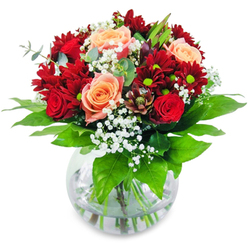 Imagine holding this sumptuous Stanmore bouquet-the velvety touch of each vibrant red rose, the soft, whimsical gypsophila fluttering like the first light snow on Bentley Priory, and the inviting depth of crimson chrysanthemums forming a magnetic centrepiece. Apricot and peach roses add a gentle luminosity, blending seamlessly with the bolder hues and bathing the arrangement in golden warmth. The sturdy green stems, immersed in sparkling clear water within a cylindrical vase, offer a constant reminder of freshness, expertly curated by Flowers Stanmore. Every floral choice and placement is intentional, resulting in a composition that beams with harmony and brings light to any celebration-be it a birthday in Stanmore Village or a family dinner overlooking Edgware Way. The bouquet's aroma is a subtle blend of rose sweetness and lively greenery, an invigorating scent that inspires a sense of joy, echoes of local gardens in bloom, and the warm congratulations woven through its petals.