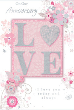 This anniversary card is designed with quiet sophistication, echoing the understated elegance often found in Stanmore homes and celebrations. The colour palette centres on pearly whites, soft greys, and powder-pink hues, which merge seamlessly across the card to create a diffused, luminous effect. Anchoring the piece is a textured panel where the word "LOVE" is formed in raised letters, each edge traced with fine glitter that sparkles delicately, resembling tiny fragments of frost on morning petals at Canons Park. The blush background behind the word is subtly framed, giving the impression of a floral arrangement carefully placed against a neutral wall. Encircling this focal area, a graceful spray of illustrated flowers, buds, and vines sweeps across the surface. The flowers are drawn with precision: petals layered gently, some fully open, others partially unfurled, in tones of blush, mauve, and soft ivory. Their centres are accented with minuscule dots and strokes of silver foil, catching the light in a refined shimmer. Curving stems and scrolling tendrils interlace between the blossoms, creating a sense of gentle movement, as though a soft breeze from Stanmore Hill were rustling through a fresh bouquet. The negative space is thoughtfully used, leaving airy gaps that make the design feel light rather than crowded. Beneath or alongside the central motif, a tender anniversary message appears in an elegant script, with slightly elongated letters that echo the curve of the vines. It reads as though penned with care before a special dinner or stroll through the neighbourhood. Overall, the card conveys enduring affection and delicate celebration, much like a hand-tied pastel bouquet ready for delivery to a loved one in Stanmore.