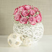 A spherical cluster of soft pink roses and airy baby's breath rises from a sculptural white orb vase, forming an arrangement that blends romance with contemporary flair, well suited to the elegant homes and venues around Stanmore. The roses are packed closely together, creating a perfectly rounded dome, each bloom displaying layers of plush petals that shade from the palest blush at the outer edges into richer tones of rose and fuchsia as they spiral inward. This subtle play of colour gives the bouquet a luminous quality, as if light is being held within the petals. Nestled between them, wisps of gypsophila extend lightly beyond the rose heads, their myriad tiny white flowers adding a cloud-like halo, softening lines and adding gentle texture without disturbing the overall symmetry. The flowers are anchored in a distinctive white globe container, fashioned from smooth, curved strips that weave into an open, basket-like sphere. Its airy design allows light to stream through and form intricate, looping shadows on the tabletop, creating an almost sculptural interplay between solid and space. Two simple white geometric accents sit beside the orb, repeating the clean lines and helping frame the arrangement as a composed vignette. The backdrop is calm and uncluttered, evoking the atmosphere of a freshly decorated room near Stanmore Broadway or a quiet corner in a home overlooking leafy streets. One can almost sense the soft fragrance of rose permeating the scene, carrying associations of romance, care, and celebration. Arrangements like this are often chosen for bridal showers, engagement parties, or refined birthday gatherings in Stanmore, where clients look for pieces that feel both current and timeless, with enough character to stand as a focal point yet gentle enough to blend seamlessly into an intimate setting.