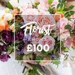 A close-up, hand-tied bouquet presented in soft, natural light - a luxurious, garden-style arrangement that feels like a quiet celebration in bloom. The composition is dominated by several large, velvety pink garden roses whose ruffled petals curve like silk; interwoven among them are delicate, striped pale purple-and-white sweet peas and creamy white accent blooms that lift the palette toward a gentle, romantic clarity. Warm peach and coral ranunculus-like flowers add sunlit layers, while clusters of deep plum or burgundy hellebores provide dramatic, velvety contrast and a richly textured counterpoint. Lush, varied foliage - slender trailing vines, rounded leaves and sprigs of eucalyptus-like greens - gives the bouquet an airy, natural movement and a dewy, freshly-cut scent you can almost imagine. A thin white rectangle has been superimposed centrally over the blooms, containing the elegant script 'Florist Choice' with smaller block letters for 'CHOICE' beneath and the bold price '?100' at the bottom, clearly framing the product offering. The stems are gathered into a neat hand-tied base and are held gently at the bottom by a pair of hands against a softly blurred pale garment, suggesting careful, human presentation rather than a studio prop. The lighting accentuates petal texture and shadow, enhancing depth and the hand-crafted quality of the arrangement. This image reads as a bespoke Florist Choice bouquet - seasonal, thoughtful and suited to weddings, anniversaries or a heartfelt gift - and invites the viewer to imagine its scent, touch and the quiet generosity behind a locally made floral design in Stanmore.