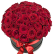 A grand, opulent bouquet of fifty to a hundred rich red roses fills the top of a round, matte black hatbox, captured here in an image evoking refined luxury. Each rose is at its peak, petals plush and vibrant, packed together in a perfectly domed, abundant display that symbolizes heartfelt love. The box is gracefully encircled by a wide, glossy red satin ribbon, tied in a symmetrical bow at the front-its center adorned with a sparkling rhinestone or pearl accent that catches the ambient light. Against the crisp white background, the dramatic color contrast and subtle textures stand out, from the roses' velvety sheen to the modern elegance of the container. The look and scent suggest the freshest blooms, gathered early from local growers near Stanmore Common or delivered promptly for special occasions within the area. This high-end floral arrangement is thoughtfully prepared for those significant days-a Valentine's Day declaration, milestone anniversary, or romantic gesture to surprise a loved one at home in Stanmore. The bouquet's fullness and sophisticated presentation highlight the dedication and artistry of local Stanmore florists, making each delivery a treasured memory in this welcoming London suburb.