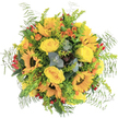Bursting with sunshine and crafted for Stanmore's spirited community, this magnificent bouquet is a celebration of abundance in yellow, orange, and green. Front and centre are golden sunflowers, their wide, smiling faces evoking joy and optimism, flanked by lush yellow roses whose spiralled centres beckon a closer look, recalling the curated beauty of gardens near Stanmore Hill. Splashes of orange blooms and lively red hypericum berries weave through the arrangement, echoing the cheerful buzz of weekly market gatherings and garden fêtes. Soft, feathery ferns fan out delicately, while airy chartreuse filler and silvery eucalyptus leaves lend coolness and a crisp, herbal aroma-a nod to Stanmore's natural open spaces. Darker green foliage and hints of reddish succulent leaves provide grounding and dimension, anchoring the composition for maximum visual and emotional impact. Against a pure white backdrop, the bouquet's colours come alive, radiating a sense of freshness that defines the best of local floristry. Perfect for celebrating milestones, expressing gratitude, or adding brightness to everyday living, this bouquet represents the craftsmanship and heartfelt care of Stanmore's own Flowers Stanmore. Every detail, from petal to leaf, promises to bring a lasting sense of happiness to the recipient's home.