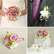 A soft, romantic bridal bouquet lies ready as though waiting to be lifted from a dressing table in Stanmore, accompanied by a matching groom's boutonnière. The bouquet's shape is classic and round, centred on a generous cluster of mauve-pink roses whose petals curl delicately at the tips, creating layers of subtle colour like watercolour brushstrokes. Between the roses, vivid green button chrysanthemums are nestled, their neat, domed heads adding a playful structure and freshness that keeps the design from feeling too formal. Creamy white lisianthus and similar pale blossoms thread through the bouquet, their frilled petals forming airy, cloud-like pockets of softness around the stronger rose tones. The foliage is thoughtfully placed: some leaves are close and compact, framing individual flowers, while others extend slightly beyond the main outline, adding gentle movement and depth. The stems are carefully aligned and wrapped in a pale satin ribbon, secured with discreet folds and possibly small pins, made to sit comfortably in the bride's hands as she steps out onto a quiet Stanmore street or into a local synagogue or church. The light in the image is tender and diffused, highlighting the velvety surfaces of the roses and the crisp texture of the greenery. Off to one side, the boutonnière echoes the bouquet in miniature, featuring a single white bloom accompanied by fine greenery and a slim strip of coordinating ribbon, ready to be pinned to a lapel. Together they create a cohesive, elegant set that feels intimate and timeless, perfectly suited to a wedding celebration in the leafy surroundings of Stanmore.