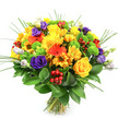 Photographed against a smooth white background, this exuberant bouquet appears as a rounded, hand-tied composition bursting with the kind of bright, happy colours that suit a Stanmore celebration or cosy family gathering. At its centre, a cluster of sunny yellow roses and generous yellow chrysanthemums create a warm glow, their petals overlapping in soft spirals and ruffles that evoke sunlight on garden petals in nearby Stanmore Country Park. Interspersed among them, bold orange gerbera daisies bring structure and energy, their wide, flat petals and defined central disks offering a stylish, contemporary contrast to the softer forms around them. Smaller orange daisy-like blooms echo their tone, bridging the transition between the yellow heart of the bouquet and the surrounding accents. Deep purple lisianthus are threaded through the design, their delicate, layered petals forming rose-like cups that add depth and a touch of evening elegance, complemented by a few paler lavender and white buds that gently soften the darker hues. Bright lime-green button chrysanthemums appear like tiny, playful spheres, their textured, rounded heads adding both freshness and visual rhythm. Nestled between the flowers, clusters of glossy red Hypericum berries glimmer, introducing festive, jewel-like details well suited to birthdays, thank-you gifts, or cheerful deliveries around Stanmore Broadway and Canons Park. A collar of broad, dark green leaves embraces the base of the bouquet, grounding the design, while slender strands of ornamental grass arch upward and outward, lending airiness and movement. The stems are neatly aligned and tied at the bottom, showing this as a freshly prepared hand-tied bouquet, ready to be delivered across Stanmore to brighten dining tables, coffee nooks, or office desks with a vibrant reminder of nature's abundance.