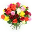 A luxurious, multi-coloured rose bouquet is shown resting against a pristine white background, creating a clean, gallery-like setting that highlights the artistry often found at Flowers Stanmore. The bouquet is tightly gathered into a rounded dome, with roses placed so close together that their petals gently brush and overlap, creating an impression of generosity and abundance. Rich reds and burgundies, symbolising deep love, are dotted throughout the arrangement, intertwined with cheerful yellow and warm orange roses that bring energy and light. Vivid fuchsias and brighter pinks provide playful accents, while blush and pastel pink roses, along with soft ivory and creamy white blooms, lend delicacy and balance to the palette-much like the soft variations of colour you might see in the flower beds along Stanmore's quieter residential streets. Each rose is carefully presented, some fully open with velvety, layered petals on display, others in mid-bloom, and a few still in bud, adding subtle height and dimension. Dark green leaves peek between the flower heads, punctuating the colour with natural shadows and reinforcing the sense of freshly cut stems. Below the canopy of blossoms, the stems are clearly visible-straight, evenly trimmed, and securely tied together with a green and white checkered ribbon that conveys a hand-tied, artisanal feel. The lighting is bright yet gentle, enhancing the depth of colour without washing it out, and casting minimal shadow so that each petal edge is distinct. The bouquet's overall mood is one of heartfelt celebration and warmth, perfectly suited for marking special moments in Stanmore, whether it is a birthday, anniversary, thank-you, or a simple gesture to brighten someone's day.
