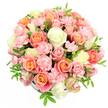 In this photograph, a lush pastel bouquet is captured in full detail against a spotless white background, its dome-like shape overflowing with roses and spray carnations. The design is low and compact, as though arranged in a hidden hatbox or shallow round container, so full that only a hint of the base can be seen beneath the profusion of petals. Large roses in shades of peach, coral, and soft salmon pink intermingle with creamy white and pale yellow roses, each flower beautifully formed with velvety petals spiralling outward in graceful curves. Nestled among them, clusters of light pink spray carnations create pockets of delicate ruffles, giving the bouquet a richly textured, almost cloud-like appearance. Fine sprigs of green foliage, bearing small, pointed leaves, peek shyly between the blossoms, adding just enough freshness and structure to balance the pastel tones. The bright, even lighting resembles the clear daylight that might stream into a Stanmore home near Canons Park, illuminating every contour and fold of the petals without casting heavy shadows. The overall mood is one of tenderness, elegance, and quiet celebration, making this arrangement ideal for Mother's Day, a new baby welcome, or a heartfelt thinking of you gesture. You can imagine it placed on a dining table in a house off Marsh Lane or delivered as a surprise to a flat near Stanmore Broadway, bringing with it a gentle, powdery fragrance and a sense of warmth and appreciation. Crafted with the eye of a professional florist, the bouquet reflects the calm, refined character of Stanmore in its soft colours and thoughtfully layered blooms, creating a visual impression of comfort, grace, and enduring affection.
