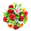 A richly coloured mixed bouquet is photographed from above, its rounded shape filling the frame as it sits against a spotless white background, recalling the pristine displays in a well-loved Stanmore florist shop. At the core, deep red roses and matching red carnations cluster tightly, their velvety, densely packed petals creating a sumptuous focal point that suggests deep affection and admiration. Radiating out from this centre, tall lilies open in white and pale pink, their petal edges gently curling back and speckled with tiny freckles, while golden stamens extend elegantly from the middle. A few lily buds, still closed and tipped in green, nestle between the open flowers, hinting at blooms that will appear over the next few days. Bold orange and bright yellow gerbera daisies introduce a burst of joy, their even, radiating petals and darker centres giving a clean, graphic quality that feels as uplifting as afternoon light over local Stanmore parks. Lime green button chrysanthemums are dotted throughout, perfectly round and slightly textured, bringing fresh contrast and visual rhythm. Wrapping the arrangement is a collar of mixed foliage: broad, glossy leaves in deep green that add structure and volume, interwoven with lighter, silvery-green leaves that soften the edges and lend a contemporary touch. The bouquet exudes celebration, warmth, and thoughtfulness, an ideal gift for birthdays, anniversaries, or congratulations delivered to homes and offices across Stanmore. Its careful balance of strong colour, varied texture, and lush greenery makes it both eye-catching and comforting, a piece of floral artistry ready to brighten any room.