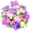 From a slightly elevated overhead perspective, this lush bouquet commands attention against a clean white backdrop. A dense, luxurious arrangement built around large pink peonies sits at the heart, their petals soft and ruffled, ranging from pale blush to a deeper rose. Intertwined among them are purple and magenta orchids-Vanda types-with flat, speckled petals that recall delicate butterfly wings, some lending a cooler violet-blue note that cools the warm pinks. Nestled in the spaces are sprays of small pink spray roses and creamy-white to pale-yellow roses, their classic spiral petals adding a touch of timeless romance. Tiny clusters of white filler blooms-asters or small chrysanthemums-sparkle like tiny stars, providing brightness and texture. The whole is grounded by lush green foliage, including broad, variegated leaves with lighter edges, which form a generous base and frame the blossoms, making the colors pop with fresh vitality. The lighting is bright and natural, giving the arrangement a seamless, museum-quality clarity while hinting at the scent of peonies and soft roses. This bouquet exudes luxurious elegance, a modern take on romance that feels at once refined and adventurous. Perfect as a premium gift for anniversaries or special celebrations, it would shine as a wedding table centerpiece or a heartfelt gesture. In Stanmore, this bouquet is crafted with care by a local florist serving the NW London area, available with thoughtful delivery across the neighbourhood and beyond.