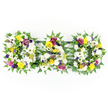 In this photograph, a heartfelt DAD floral tribute is presented against a luminous white background, giving the arrangement a calm, almost ethereal quality. Three strong capital letters - D, A, and D - are positioned in a neat line on slim dark green bars, which quietly hold the design together without drawing attention away from the flowers. Each letter is constructed with a lush underlayer of green fern foliage, its delicate fronds emerging around the edges to frame the word with a soft, natural border reminiscent of the leafy edges of Stanmore's parks and open spaces. The main surfaces of the letters are densely packed with white blooms, predominantly rounded white chrysanthemums and large-petalled white gerbera daisies, whose overlapping petals create a feeling of softness and serenity. Bright yellow gerbera daisies and tiny yellow spray roses punctuate the white background, adding cheerful highlights that suggest warmth, gratitude, and fond memories. Deeper shades come from rich purple lisianthus blossoms and clusters of magenta or deep pink spray roses, placed thoughtfully throughout the design to bring a sense of depth and heartfelt emotion. Small lavender-toned flowers and bright green button chrysanthemums peek through the composition, offering little touches of contrast and fine detail that show the florist's care. Every flower is angled to face forward, ensuring the word DAD remains clear and striking when viewed across a chapel, crematorium, or graveside gathering in Stanmore. The tribute feels quietly powerful and deeply personal, a traditional yet lovingly tailored sympathy arrangement for saying a final, floral goodbye to a cherished father.