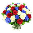 A lavish sphere of roses dominates this image, forming a dense, hand-tied bouquet that showcases a dramatic palette of red, white, and blue. The roses are tightly clustered into a rounded dome, each head nestled closely against its neighbours so that the overall impression is of one continuous surface of velvety petals. The red blooms are a classic, saturated crimson, the white roses glow with a creamy brightness, and the blue roses stand out with their bold, royal hue, lending the arrangement a distinctly patriotic spirit that would resonate at commemorative services or celebratory events throughout Stanmore. Many of the flowers are at a half-open stage, with their centres still coiled while outer petals gently curve outward, catching the light along their edges. This creates subtle highlight and shadow effects, revealing the layered structure of each blossom. Dark green leaves are used sparingly, slipping between the blooms in carefully judged bursts of colour, enhancing depth without pulling focus from the tri-colour roses. The stems at the base are neatly aligned and trimmed, held tightly together as if the bouquet has just been finished at Flowers Stanmore, ready for delivery to a local home or venue. The minimal, all-white background isolates the bouquet completely, allowing every nuance of red, white, and blue to stand out in sharp relief. The visual mood is one of thoughtful tribute and composed celebration, ideal for honouring service, marking national holidays, or simply expressing steadfast support through the beauty of fresh roses.