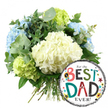 A bright, heartfelt Father's Day composition is presented here against a pure white background, where every bloom and detail stands out clearly. At the centre of the image is a generous, hand-tied bouquet of hydrangeas, arranged in a rounded, dome-like shape that feels soft and embracing. Creamy white hydrangea heads form the central focus, their countless, overlapping petals creating plush, cushiony spheres that convey comfort and gratitude. Nestled among them are cool light blue hydrangeas, especially visible to the left and along the top, whose gentle tones evoke the calm of a clear day over Stanmore's open green spaces. Around the outer edges and near the base, vibrant lime green hydrangeas introduce a lively, refreshing jolt of colour, echoing fresh foliage along Stanmore Hill and nearby residential gardens. Sprigs of silvery-green eucalyptus and deeper green leaves are threaded throughout, adding layers of texture, subtle movement, and a sense of natural fragrance that can almost be imagined. The long green stems emerge neatly at the bottom, carefully gathered and tied to show the craftsmanship of a florist at Flowers Stanmore preparing a bouquet ready for local delivery. To the lower right of the bouquet, partially overlapping the stems, a glossy round foil balloon completes the gift set. It has a white central panel bordered by bold black-and-white stripes along the top and bottom edges, giving it a smart, graphic frame. In the middle, the cheerful message For the BEST DAD EVER! is written in lively, multi-coloured letters-reds, teals, greens, black, and dotted patterns-with a small No.1 rosette emblem near the word BEST. Scattered stars and colourful dots in yellow, teal, red, and black float across the surface, enhancing the sense of celebration. Together, the cool hydrangea bouquet and festive balloon form a warm, loving tribute, ideal for marking Father's Day or a special dad's birthday in Stanmore.