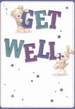 A whimsical illustrated get well card featuring a soft, honey-brown teddy bear and a floppy-eared puppy, both busily helping to hold up the oversized words Get Well as if they were a cheerful banner. The chunky letters, shaded in deep indigo, rich purple, and teal, seem to leap forward from a clean cream background, much like a vibrant bouquet catching the light in a Stanmore shop window. Tiny starbursts in shades of blue and violet scatter around the characters, suggesting little sparks of hope drifting through the air on a quiet afternoon near Stanmore Hill. The bear's fur is drawn with feathery, textured strokes that look velvety to the touch, while the puppy's ears flop endearingly over the edges of the lettering, giving the whole scene a gentle, comforting humour. Their round eyes and soft smiles convey reassurance, as though they've come to sit by a bedside with kind words and a cosy blanket. The overall design feels bright but not loud, with plenty of breathing space left by the pale background, echoing the sense of calm a thoughtfully arranged get well bouquet can bring when delivered to a home or hospital room around Stanmore. This card captures the mood of quiet encouragement, making it easy to imagine pairing it with a hand-tied bunch of fresh, soothing flowers to lift the spirits of someone recovering nearby.