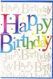 A vibrant birthday greeting card is shown standing upright, its design exuding the cosy joy of a celebration in a Stanmore home. Dominating the front is the phrase Happy Birthday, written in large, softly contoured letters that shimmer with a continuous rainbow gradient. The colours shift smoothly from deep cherry red and sweet rose pink into regal purples and indigo blues, before flowing on into fresh teal, soft green, and warm yellow, like a ribbon of colour curling across the card. The letters themselves appear slightly raised and satin-smooth, suggesting a gentle gloss that would glint subtly under overhead lighting. Around the phrase, small, bright stars and confetti-like dots are scattered, adding a playful touch, as though someone has just thrown a handful of colourful sprinkles across the surface. The background maintains a light, creamy tone, enriched by repeated lines of Happy Birthday to you written in slender, elegant gold script. These delicate golden words curve gracefully behind the main message, providing a soft, sparkling texture that resembles sunlight catching the edges of a gift bow. The design balances boldness and refinement, with the rainbow typography delivering instant impact while the gold script lends a sense of care and intention. It feels like a card thoughtfully chosen to sit beside a bouquet from a local Stanmore florist, perhaps delivered to a house near Stanmore Country Park or a family gathering off Uxbridge Road, ready to turn simple birthday wishes into a vivid, memorable moment.