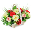 In this photograph, a classic funeral flower basket sits serenely against a bright white background, its details crisp and clearly defined. The basket is oval and shallow, made from pale, natural wood that feels gentle and unobtrusive, its smooth slats wrapping around the base and four small feet giving a hint of lift. A softly arched handle, in a matching light tone, spans the width of the basket, framing the flowers like a quiet gesture of support. Rising from this foundation is a full, rounded arrangement of blooms, meticulously composed so that the colours and textures flow harmoniously together. Creamy white roses, fully opened and velvety, are the central figures, their petals elegantly layered to create a sense of serenity and purity-ideal for honouring someone loved and respected. Interlaced with them are deep red carnations, their plush, ruffled petals forming dense, textured spheres of colour that evoke devotion, remembrance, and heartfelt farewell. Threaded throughout are more delicate white flowers, probably freesias, their slender stems and small, trumpet-like blooms adding lightness and a suggestion of soft fragrance. Some carnations display a gentle bi-colour effect, their white petals touched with pink and edged in red, offering subtle visual interest and a slightly more personal, intimate tone. A generous cushion of dark, glossy foliage supports the flowers, overlapping leaves reminiscent of ruscus or salal, interwoven with fine, feathery greens that soften the outline. Together, these elements create a tribute that feels both abundant and composed, perfect for a funeral or memorial in the Stanmore area, whether it is delivered to a service, placed at a graveside, or sent directly to the family home as a tender expression of sympathy.