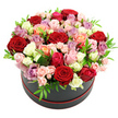 Centered on a stark white background, a round black hat box with a refined red band at its base supports a lush, domed bouquet of roses that appears almost to overflow from its container. The composition is deliberately tight and full, with every space occupied by petals, giving a sense of generous abundance. Deep red roses form the emotional heart of the arrangement, their velvety petals rich and saturated, like a whispered declaration of love. Surrounding them is a harmonious blend of soft blush pink, bright fuchsia, creamy white, smooth ivory, peach, coral, and understated lavender or mauve roses, each shade flowing gently into the next. The visual rhythm is created not only by colour, but by variation in bloom size: large, open roses display layered centres, while smaller spray roses and gently unfurling buds introduce delicacy and movement. Among the flowers, slim, bright green leaves peek out at varied intervals, adding cool freshness and enhancing the three-dimensional quality of the design. The black of the hat box creates a dramatic contrast that makes the colours appear even more luminous, echoing the refined, calm atmosphere of Stanmore's tree-lined roads and nearby green spaces. The lighting is soft and evenly spread, revealing the slight shadows where petals overlap without introducing harsh lines. This floral arrangement appears as the kind of carefully considered gift a Stanmore resident might send for an anniversary, a birthday surprise, or a special thank-you delivered to homes near Stanmore station or along Marsh Lane-a beautifully balanced hat box of roses that captures both classic romance and contemporary style in a single, memorable presentation.