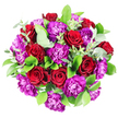 Captured from a bird's-eye view, this bouquet appears as a flawlessly rounded arrangement of red and purple blooms, resting on a stark white background that accentuates its rich colours and textures. The primary focus is on the deep red roses, each one fully open yet retaining that classic spiral at its centre that speaks of timeless romance. Their velvety petals and saturated crimson tone give the bouquet a feeling of depth and emotional warmth, ideal for marking an anniversary or special dinner in a Stanmore home. Entwined between the roses are abundant purple carnations whose densely ruffled, frilled petals provide a striking contrast in both form and tone. Their colour shifts between royal purple and a vivid, almost fuchsia shade, adding playful energy and creating a sense of movement across the rounded surface of the design. Encircling and blending with the flowers is a generous selection of greenery: glossy, deep green leaves offer a lush framework and rich backdrop, while the addition of rounded eucalyptus leaves in soft, silvery-green introduces gentle highlights and airy spaces. The foliage has been carefully arranged so that the bouquet maintains a full, symmetrical, dome-like silhouette, with no harsh edges-just a smooth transition from bloom to leaf. Though the photograph does not carry scent, one can imagine a delicate aroma of fresh roses underscored by the cool, green note of eucalyptus, as if the arrangement has just been prepared for same-day delivery by a Stanmore florist. The overall mood is luxurious yet approachable, perfect for expressing love, admiration, or heartfelt congratulations within the local community.