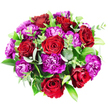 Against a pristine white backdrop, this overhead image captures a round, luxurious bouquet that feels both romantic and vibrant, as if ready to be delivered to a doorstep near Stanmore station. At the core of the design, seven or eight lush red roses form a central ring of colour. Their petals, velvety and layered, spiral outward from tight centres into full, open blooms. The red shades vary delicately, with flashes of bright scarlet on the outer petals fading into deeper, almost burgundy tones within the shadows, giving the roses a sense of depth and intimacy. Nestled among them, generous clusters of magenta and purple carnations bring a contrasting texture. Their ruffled, serrated petals create a soft, cloud-like surface, with some blooms glowing in vivid fuchsia and others resting in rich plum and royal purple. This interplay between warm reds and cool purples lends the bouquet a rich, almost regal character. Encircling and weaving through the flowers is an assortment of greenery: smooth, round eucalyptus leaves in muted silvery green; broader, glossy dark-green foliage that grounds the design; and slender stems with small, brighter leaves that add a fresh, just-arranged feeling. Everything is packed closely together, forming a perfectly rounded dome of petals and leaves without visible stems or gaps. The lighting is soft and even, enhancing the natural tones and subtle shadows within each flower. The mood of the bouquet is one of joyful sophistication and heartfelt emotion-a perfect arrangement for marking an anniversary, celebrating a birthday, or sending warm wishes to friends and family throughout Stanmore, with all the careful attention to detail that local florists bring to their craft.