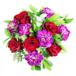A luxurious bouquet of deep crimson roses and vivid purple carnations is gathered tightly together, creating a rich, dramatic centrepiece framed by fresh greenery. The roses, with their velvety, layered petals, form deep, romantic cups of colour, while the carnations unfurl in textured, ruffled heads of intense purple that dance between the roses and add playful contrast. Surrounding this heart of red and purple, broad, glossy leaves give the design structure, and long, arching stems of silver-green eucalyptus bring a soft, airy feel, their rounded leaves lightening the overall look. The bouquet is captured in gentle, natural-style light that enhances every hue and texture-the plush curves of rose petals, the fine, feathery edges of carnation frills, and the sleek shine of healthy foliage. You can almost sense the perfume rising from it: sweet and familiar from the roses, a little spicy from the carnations, and refreshingly clean from the eucalyptus. This arrangement feels like it was created for a truly special moment in Stanmore, perhaps to surprise a loved one in a home near Stanmore Hill or to decorate a dining table for an anniversary meal. Prepared with care by Flowers Stanmore, it reflects the character of the local area-elegant, leafy, and quietly luxurious-while bringing a burst of bold colour and heartfelt emotion to any celebration, whether it's a birthday, congratulations, or an intimate romantic gesture delivered with same-day ease across HA7.
