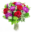 A luxurious bouquet of red roses and purple peonies is gathered in a clear glass vase, exuding the polished charm of a carefully crafted arrangement you might order for delivery to a friend in Stanmore. The roses are a rich, velvety red, fully open and abundant, each bloom formed from layers of smooth petals that curl outward in soft spirals, giving a sense of warmth, passion, and reassurance. The purple peonies, placed between and around the roses, are generously full and softly rounded, their many petals slightly ruffled at the tips, creating a billowy, romantic texture that contrasts beautifully with the more structured rose blooms. Together, the reds and purples create a bold colour harmony that feels festive but also deeply personal. A lush base of greenery encircles the flowers: broad, dark green leaves provide depth and balance, while slender eucalyptus stems stretch outward and upward, their cool, silvery leaves introducing lightness and a modern twist. The clear vase itself is simple and unadorned, allowing the viewer to see the tangle of green stems beneath the water, which grounds the composition and emphasises its freshness. Soft, natural light, as if streaming through a window of a house near Stanmore Golf Course or along Marsh Lane, touches the petals and leaves, creating gentle highlights and shadows that enhance the bouquet's dimensionality. In your imagination, the fragrance is subtle yet inviting: the sweet scent of roses mingling with a faint, crisp hint of eucalyptus and greenery, like a quiet reminder of a garden after rain. This bouquet feels ideal for marking anniversaries, expressing admiration, or sending a heartfelt 'thinking of you' within Stanmore, bringing immediate colour, elegance, and emotional warmth to any room it enters.