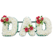 A solemn, three-dimensional floral tribute spells out the word DAD in bold capital letters, each letter densely carpeted with small, pristine white chrysanthemum blooms that give the surface a soft, cloud-like texture. The white chrysanthemums read as pure and calm beneath soft, even lighting, and a deep emerald green pleated ribbon crisply outlines each letter, giving the shapes defined edges and a dignified frame. Atop the upper curve of the left D, a carefully composed spray of deep red roses and delicate white freesia nestles among glossy green leaves, the roses' velvet petals and the freesia's subtle perfume suggesting both warmth and restraint. The central A carries a matching cluster positioned near the lower portion of its left stem, with a slender loop of bright green foliage that lifts the eye and adds modern movement. The right-hand D mirrors the left, bearing a third complementary spray of red roses, freesia and rich greenery on its upper curve. Slim dark green metal support bars are discreetly visible behind the letters, anchoring the display so it reads as a single, stable commemorative piece against a clean white backdrop. The arrangement's palette - pure white, ruby red and deep green - carries traditional funeral symbolism: chrysanthemum for devoted remembrance and red roses for enduring respect. As a local Stanmore tribute, it feels right for a chapel at Stanmore Station or a graveside near Canons Park, a piece that speaks with quiet authority and careful craftsmanship to anyone arranging a father's memorial. The composition is tactile and fragrant, an intimate, hand-crafted way to honour a loved paternal figure.
