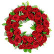 From Flowers Stanmore, a flawlessly circular wreath of deep red roses commands attention against a flawless white background. The arrangement is densely packed with dozens of crimson blooms, each rose at a slightly different stage of opening; some are tight, others fully unfurled, their velvety petals catching the light and revealing subtle tonal shifts. Interspersed among the roses is a generous scattering of fresh green foliage: broad, matte eucalyptus-like leaves and slender, glossy ruscus that provide a calm, verdant contrast to the fiery red. The circle is uninterrupted, a timeless symbol of memory and eternal tribute, and the overall effect is both opulent and restrained, as if nature itself has crafted a dignified crown of flowers. The white backdrop sharpens every detail-the petals' folds, the leaf textures, the gentle gloss where light runs along a curve-so this wreath reads clearly as a visual homage. In Stanmore, such a floral piece often accompanies funeral notices, memorial services, or anniversaries of remembrance, offering a tactile reminder of love and lasting connection. It speaks of sympathy with quiet power, and of a life celebrated with elegance. Delivered fresh and crafted by a local team in NW London, this wreath is a ready-made tribute for services or ceremonies nearby, or for remembrance gatherings that bring people together to share stories, memories, and solace.