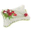 A tender and dignified memorial cushion, shaped as a soft rectangle and photographed against a simple white background. The whole pillow surface is densely carpeted with hundreds of small, pristine white chrysanthemum blooms, their layered petals packed close to create a plush, cloud-like texture that suggests calm and repose. A slim border of pale green satin ribbon or foliage peeks out around the slightly raised edge, offering a delicate frame that freshens the otherwise pure white surface. On the upper left corner, a concentrated spray of deep red flowers forms the emotional focal point: several velvety red roses in varied stages of opening sit among richly hued burgundy carnations and tiny clusters of creamy white accent blooms - likely freesias or spray chrysanthemums - which add points of light and delicate scent. Lush green foliage, including fine fern fronds and broader leaves, cushions the cluster and gives depth and contrast, while long, slender arcs of bright green bear-grass or similar grassy stems sweep diagonally across the cushion toward the lower right. These graceful green lines draw the eye and appear to cradle a single, perfectly formed red rose positioned near the lower right corner, a poignant final note that suggests remembrance and enduring love. The overall composition is balanced and serene, a classic sympathy pillow designed to offer comfort at a funeral, wake, or memorial service, with subtle textures, gentle colours, and an atmosphere of quiet respect and tenderness.