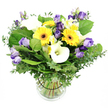 In a sunlit display corner in Stanmore, this lush bouquet is elegantly arranged in a clear glass vase and set against a pristine white background that makes its sunny palette radiate. The composition pairs bright yellow Gerbera daisies, their oversized heads crowned by bold dark centers, with pristine white Calla lilies, whose smooth, trumpet-shaped spathes lend a quiet, architectural grace. Interwoven among them are clusters of ruffled Lisianthus in lavender to deep purple, some fully open to reveal their satin petals and others still in elegant buds, adding depth, movement, and a touch of romance. Delicate white Alstroemeria with subtle yellow and green streaks brighten the midtones, while a lush arsenal of greenery - silvery eucalyptus and broad, verdant leaves - frames the blooms and gives the arrangement breath and texture. The stems sit neatly aligned in clear water, visible through the transparent vase, with a neat black band tying the stems and helping hold the architecture in place. The overall mood is fresh, celebratory, and refined, a hand-tied masterwork that would speak warmth for birthdays, anniversaries, or a thoughtful hospitality gift. In Stanmore, this bouquet would be perfect for a sunny kitchen table, a dining room centerpiece for a family gathering, or a formal welcome at the doorstep, with same-day delivery available across Stanmore and surrounding communities through Flowers Stanmore. That scent of fresh stems and eucalyptus lingers softly as if welcoming guests to an evening in Stanmore's leafy streets, while the glass gleam catches the late sun through kitchen windows. Available for same-day delivery across Stanmore and nearby neighborhoods through Flowers Stanmore, this bouquet carries warmth to doorsteps with every order.