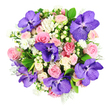 Against a stark white background, this full, rounded bouquet appears almost like a floral tapestry, every bloom nestled tightly to create a sense of luxurious density. The most striking elements are the Vanda orchids, their petals a deep, regal purple adorned with darker violet veining and speckles that make each flower look individually painted. These exotic orchids sit harmoniously among an abundance of classic roses in shades of blush pink, pastel rose, and gentle cream. The roses are captured at different stages of opening, from shy, tightly wound buds to fully open, ruffled blooms, creating a layered, textured effect that feels both abundant and refined. Interspersed between these larger flowers are clusters of tiny white blossoms, daisy-like and delicate, which add a whisper of lightness and suggest the carefree charm of a Stanmore garden in spring. Creamy white Hypericum berries tuck into the spaces between petals, their smooth, pearl-like forms catching subtle reflections of light and enhancing the bouquet's tactile richness. A collar of deep green, glossy foliage anchors the composition, while scattered strands of silvery-green leaves with a soft, feathery appearance soften the edges and add a cool, contemporary note. The photograph conveys a mood of elegant celebration, as though this bouquet is ready to be carried along Stanmore's leafy streets, delivered to a home near Canons Park or a cosy restaurant for an anniversary dinner. With its harmonious blend of bold purple orchids, romantic pink roses, and gentle white accents, the arrangement feels perfectly suited for marking life's meaningful moments-birthdays, engagements, or heartfelt thank-yous shared in and around Stanmore.