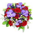 An elegant, circular bouquet fills the frame from an overhead perspective, set against a bright white background that emphasises every detail. At its centre, classic deep red roses cluster in abundance, their tightly curled, velvety petals forming perfect spirals that immediately convey romance, admiration, and heartfelt intent. Threaded through and around these roses, generous Vanda orchids display their broad, open petals in a sophisticated lavender-purple hue, crosshatched with darker violet speckles that add an intricate, almost lace-like pattern. Surrounding the main blooms, layers of purple lisianthus create a soft, undulating texture; fully open flowers reveal ruffled edges and multiple petal layers, while the closed buds stand upright and smooth, suggesting promise and growth. Interspersed are smaller, lighter lavender buds and pale lilac blossoms that gently lift the palette, offering subtle highlights among the deeper tones. The bouquet is framed by lush foliage: glossy dark-green rose leaves press close to the blooms, while finer filler greens and slender, silver-green eucalyptus sprigs arc outward, giving a modern, airy edge and hinting at a fresh, herbal scent. A delicate glimpse of silvery netting or mesh near the base indicates careful, stylish wrapping, ready for presentation. The soft, clear lighting enhances the natural sheen of each petal and leaf, creating a feeling of polished luxury. This bouquet would make a memorable gift in Stanmore, suited to an intimate anniversary dinner near Stanmore Golf Club, a special thank-you delivered to a home off The Broadway, or a sophisticated romantic gesture shared in one of the area's quiet, leafy streets.