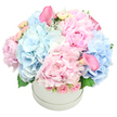 From within a pristine white round hatbox, Flowers Stanmore presents a lush, abundant bouquet that speaks of refined celebration. The dome overflows with a harmonious blend of soft pastel pinks and powdery blues, its heart anchored by large pink peonies whose plush petals invite a touch. Dense clusters of light baby blue hydrangeas drift through like fluffy clouds, lending a cool, airy breath to the arrangement. Interspersed among the main blooms are delicate pale pink spray roses, their buds tightly furled, and two trumpet-shaped calla lilies in a deeper, rose pink-one near the top-left and another peeking from the lower-right edge. Subtle touches of foliage-the hydrangea leaves and the silvery sheen of dusty miller-frame the blossoms and add depth. The bouquet is crafted into a full, rounded dome, a look of opulent ease that feels timeless. Set against a pure white background, this elegant hatbox reads as a sophisticated gift for birthdays, anniversaries, baby showers, or gender reveals, a gentle expression of romance and refined charm.

In and around Stanmore, this design travels with care to Canons Park, Edgware, and the surrounding Harrow communities. Flowers Stanmore offers reliable same-day delivery across the local area, ensuring this pastel dream can brighten a living room, a doorway, or a celebratory table at short notice. The arrangement balances grandeur with intimacy: peonies for lush luxury, hydrangeas for softness, spray roses for tender movement, and the calla lilies for architectural height. It suits a formal centerpiece or a warm, heartfelt gift for someone special, from a birthday to a new arrival, to a moment when you simply want to convey quiet celebration. Crafted with steady hands and an eye for harmony, this hatbox bouquet endures as a graceful symbol of affection in Stanmore's charming streets.