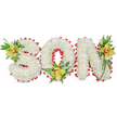 A solemn, handcrafted memorial arrangement spells the word 'SON' in bold, three-dimensional block letters formed from hundreds of small, pristine white chrysanthemum blooms. Each chrysanthemum is closely set to create a cloud-like, sculpted surface whose silky white petals read as pure and reverent against the plain white backdrop. Around the full perimeter and tracing the inner curve of the 'O' a vibrant red ribbon is folded into a scalloped border that peeks like a careful frame, offering a single, poignant stroke of colour that suggests love and remembrance. Nestled at the upper left of the 'S', at the base of the 'O', and near the top right of the 'N' are three lime-green Cymbidium orchids with waxy, sculpted petals and a warm reddish-brown throat; each orchid rests among glossy leaves and delicate fern fronds, adding vertical movement and a fresh green contrast to the white chrysanthemum body. The orchids' subtle perfume and the faint, clean scent of chrysanthemums combine into a soft, comforting aroma that feels restrained and respectful. Soft, diffused studio lighting casts gentle shadows into the letters' sculpted folds, highlighting the arrangement's texture and the meticulous craftsmanship of wired stems and floral foam hidden beneath. This composition reads as a tender funeral or graveside tribute-precise, heartfelt, and quietly dignified-suitable for remembering a beloved son. As a local Stanmore florist would note, this style of personalized lettering is frequently chosen by families attending services near Stanmore High Street and Canons Park, where the calm simplicity of white and the red accent convey both love and solemn honour.