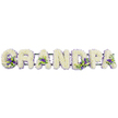This photograph shows a graceful funeral tribute that spells out GRANDPA in large, standalone floral letters laid out side by side against a bright white background. Each capital letter is completely wrapped in a dense covering of white chrysanthemums or carnations, their small, ruffled petals layered tightly to create plump, rounded shapes that look both soft and strong. The dominant white suggests peace, innocence, and a quiet, respectful farewell, the kind of floral expression often chosen for services in Stanmore and nearby communities. To introduce depth and feeling, the florist has tucked clusters of purple and lilac blooms, likely lisianthus or compact chrysanthemums, into the white letters, together with touches of green foliage. These accents are not random; they appear at the lower curve of the G, nestled within the open centres of the As, and along the curves of the D and P, creating a gentle rhythm of colour across the word. The greens peek through the petals, adding a hint of garden freshness that softens the formality of the design. All the letters rest on a dark green horizontal base, largely hidden under the abundant flowers but providing essential support so the tribute can be transported safely and displayed as one piece at a church, crematorium, or graveside. The overall atmosphere is one of tenderness and composure, as though the family has spoken their grandfather's name through flowers. It reflects the thoughtful, meticulous approach of a skilled Stanmore florist, dedicated to helping loved ones say goodbye in a way that feels personal, beautiful, and full of quiet respect.