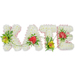 In this photograph, the name KATE is spelled out in four large, floral capital letters, resting on a pure white background that keeps all attention on the flowers themselves. Each letter is densely covered with small white chrysanthemums, placed so close together that they form a thick, plush surface with a gentle, cloud-like quality. Around the outer edges of the letters, a softly ruffled band of light pink satin ribbon traces the contours, giving a refined border that adds just a whisper of colour and a sense of careful finishing. Nestled into the white blooms are carefully chosen accent flowers and leaves that bring richness and depth. On the first letter, K, and again near the base of the T, fresh yellow-green cymbidium orchids with warm reddish-brown centres are surrounded by glossy dark foliage and the fine, lacy texture of fern, adding contrast and a hint of luxury. The A and E each feature a single, heart-shaped red anthurium bloom, its surface waxy and reflective, almost like polished porcelain, framed by deep green leaves that anchor the bright colour. Long, slender green tendrils and looping blades of grass sweep gracefully across the letters, visually linking them and giving the tribute a feeling of continuity and gentle movement. The delicate balance of white, pink, green, and red creates a peaceful yet expressive design, the sort of personalised name arrangement families in Stanmore might choose for a funeral procession or memorial service when they want the loved one's name to be remembered in flowers, with quiet dignity and care.