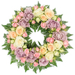 A finely crafted funeral wreath, perfectly round and full, is displayed against a clean white background that highlights its soft colours and rich textures. The wreath is composed almost entirely of roses, woven together so closely that they form a continuous, velvety band of petals. Large ivory and creamy white roses open fully across the ring, their layered petals overlapping like delicate fabric, creating a feeling of purity and calm. Interspersed with these are blush pink spray roses, some still in tight bud form and others just beginning to unfurl, adding intricate detail and a sense of gentle progression. Soft peach and buttery yellow roses introduce warmth, while subtle dusty lavender and muted mauve roses bring a cooler, antique touch that adds depth and sophistication to the palette. Beneath and between the blooms, dark green fern fronds and fine greenery peek through, their frilled edges and varied shapes framing the roses and giving the wreath a lush, garden-like texture. The overall effect is one of quiet elegance and peaceful remembrance, with the circular form symbolising eternity and the unbroken bond of love. This type of wreath is often chosen for funerals and memorial services in Stanmore, perhaps for a family saying goodbye near local churches or the tranquil surroundings of Stanmore Country Park. Crafted with the care and sensitivity of experienced florists, it offers a visual expression of sympathy and respect, bringing a touch of natural beauty and comfort during a time of grief.