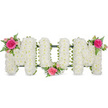 This photograph shows a classic MOM floral tribute, rendered with care and precision and displayed against a plain white background. The three bold capital letters are formed from a sturdy frame and then entirely clad in compact white chrysanthemum blooms. These small spray chrysanthemums are packed so tightly that they form a smooth, cushion-like surface, creating an impression of softness and serenity. Their spotless white petals radiate a sense of peace and remembrance, catching the light in a subtle way that makes the whole piece feel calm and dignified. At the base of the letters, a dark green bar or ribbon is partially visible, outlining the shapes and hinting at the strong structure that holds the flowers in place. To bring gentle colour and emotional depth, three accent groupings of pink flowers and foliage are arranged with balance in mind. On the upper left of the first M, a ruffled fuchsia rose, accompanied by smaller pink spray roses and buds, rests among delicate fern fronds that curl lightly outward. A second cluster is positioned between the O and the final M, slightly lower, tying the composition together at its centre. The third cluster crowns the upper right of the last M, echoing the first and completing an elegant visual triangle. The combination of crisp white chrysanthemums and lush pink roses symbolises enduring love and heartfelt thanks to a mother. It is easy to imagine this tribute being delivered to a service in Stanmore, perhaps at a local church off The Broadway or to a cemetery nearby, where it would stand as a gentle, personal message from the family, expressed in flowers rather than words.