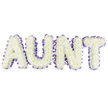 A serene, custom-made floral letter tribute spells the word AUNT in bold, three-dimensional capital letters, each letter formed from a dense carpet of pristine white spray chrysanthemums. The tiny, cloudlike petals sit tightly together so the letter faces read as a soft, tactile surface; occasional pale yellow centres peek through the white florets like small, warm hearts, lending a quiet natural detail. A rich purple satin ribbon traces the outer edge of every letter, its gentle sheen catching the soft morning light and falling into delicate ruffles and pleats that hug the sturdy frame beneath. Subtle grey shadows beneath each letter reveal their raised construction and give the whole composition real-world depth against the clean white background. There is a faint, fresh green scent-clean, dewy and slightly herbal-that seems to rise from the chrysanthemums, reinforcing the feeling of purity and calm. The arrangement reads as both dignified and intimate: a carefully considered expression of respect, love and remembrance meant for funeral services or a memorial gathering. As a local florist would note, the choice of white chrysanthemums and lavender-toned edging evokes traditional sympathy while offering a gentle lift of colour, suitable for placing near a service in Stanmore's churches or at a graveside near Bentley Priory or Stanmore Park. The craftsmanship is visible in the precision of the packing, the smooth continuity of the letterforms and the thoughtful contrast of ribbon to bloom - a composed tribute that speaks of steady hands, careful taste and the intention to honour a beloved aunt with grace and tenderness.