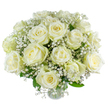 Creamy white roses unfurl across this hand-arranged bouquet like soft lanterns of light, each petal layered into a delicate spiral that catches a cool, early-morning glow. Threads of baby's breath-gypsophila in a cloud-like whisper-drift between the roses, their tiny star-shaped blooms creating a lacey halo that softens the composition and invites the fingertips to linger. Deep green foliage provides a quiet grounding, its matte leaves framing the luminous roses so their velvety surfaces read as both tender and resolute. The scent is hinted at rather than bold: a faint, sweet linen note that feels comforting and clean, the kind of fragrance that calms a room without demanding attention. Seen from the side, stems are angled with intention, allowing light to travel through the bouquet and reveal subtle shadows and creamy undertones, a technique I often use when preparing sympathy tributes or intimate wedding posies for couples marrying near Stanmore Common. The overall mood is serene and composed-an arrangement that reads as hope and steadiness rather than theatrical flourish. Small details matter here: the tiny gypsophila clusters that settle like snow on the rose petals, the slight vanilla wash at the innermost folds, and the measured spacing that prevents overcrowding. As a local florist familiar with Stanmore's quieter moments, I think of this bouquet as a gentle companion for reflection, anniversary remembrances, or the beginning of a new chapter, offering understated elegance that feels both personal and enduring.