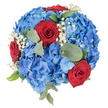 Viewed from a direct top-down angle against a clean white backdrop, this round floral bouquet reads like a carefully composed flag of feeling: a voluminous cushion of blue hydrangeas provides the dominant texture, each cluster of tiny florets shifting from pale sky-blue to deeper sapphire and forming a soft, cloud-like base. Rising from that blue field are several rich red roses, their velvety petals folded into tight spirals that cut a dramatic, romantic line through the composition. Sprays of tiny white baby's breath speckle the surface like delicate, bright stars, lending airiness and a gentle contrast that keeps the arrangement from feeling heavy. Muted, round eucalyptus leaves and a few crisper green sprigs sit between blossoms, their cool, silvery-green tones and matte surfaces adding depth and a faint woodland scent that echoes the visual calm. The lighting is soft and even, highlighting petal edges and the subtle sheen on the hydrangea florets while keeping shadows minimal on the white background; the bouquet's dome shape and tightly packed blooms create a lush, abundant silhouette. This arrangement carries an unmistakable mood of celebration and quiet pride-equally suited to a summertime gathering, a commemorative centerpiece for Memorial Day or Veterans Day, or an intimate gift that says you are remembered. As a local Stanmore florist might advise, its classic red, white, and blue harmony reads both formally and warmly, a versatile composition that looks handsome on a mantelpiece or as a low, round table focal point in a bright room near Canons Park or along Stanmore High Street.