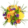 In this top-down view, a vibrant, rounded bouquet sits against a clear white background, creating the impression of a carefully composed colour wheel crafted by Flowers Stanmore. The dominant hue is a rich, welcoming yellow: velvety roses and plush chrysanthemums cluster together at the heart of the design, their multiple layers of petals forming a warm, luminous centre. Around and between them, orange gerbera daisies with dark central eyes appear like bursts of pure energy, their flat, radial petals giving strong visual focus points. Dotting the arrangement are lime green button chrysanthemums, their neat, dome-shaped blooms adding a crisp, contemporary touch and a pleasantly soft texture to the overall mix. Woven throughout the brighter blossoms are deep purple lisianthus blooms and buds; their softly folding petals and cool tone create a refined contrast that keeps the bouquet visually balanced, like shaded corners in the quieter streets around Stanmore Hill. Accents of glossy red hypericum berries appear in small clusters, adding jewel-like points of colour and a suggestion of seasonal richness. From the top of the bouquet, slender stems of bear grass rise and curve outward, their graceful arcs introducing movement and preventing the rounded form from feeling static. The composition feels joyful yet composed, ideal for marking personal milestones, birthdays, or thank-you gestures around Stanmore. Every flower is placed with intention, emphasising harmony of colour, texture, and emotion, so that the bouquet reads as a single, uplifting message rather than a simple collection of stems.