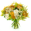 Presented upright against a bright white background, this hand-tied bouquet captures the feeling of a crisp autumn afternoon in Stanmore, when the air is cool but sunlight still lingers. The flowers are arranged in a rounded dome, tightly gathered and full of life. At the heart are generous chrysanthemums in golden yellow, deep orange, and warm rust tones, their petals spiky and layered, creating a wealth of texture and a sense of comforting richness. These blooms give the design its warm, harvest-inspired character, like the glow of late sun over nearby woodlands.   

Interwoven with the chrysanthemums are smooth, creamy white roses, their petals curling delicately inward to form soft, classic spirals. They add a touch of elegance and bring a gentle calm to the stronger colours. Among them, golden-yellow celosia cockscomb stands out with its plush, rippled surface, reminiscent of coral or folded velvet. This distinctive flower introduces an artistic, slightly whimsical note, as if chosen to surprise and delight the recipient. Tiny white, daisy-like flowers with bright yellow centres-likely matricaria-are scattered throughout, lightening the composition and giving it a playful, garden-picked feel, much like flowers you might notice around local gardens by Stanmore station.   

Encircling the blooms, feathery lime-green solidago and other fresh foliage add height, volume, and a vivid green contrast that makes the warm shades sing. The stems are neatly aligned and bound at the base with green florist's tape, emphasising the careful hand-tied craftsmanship. The overall impression is one of warmth, thoughtfulness, and quiet celebration-perfect for marking birthdays, sending get-well wishes, or bringing seasonal colour into homes across Stanmore with same-day delivery.