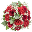 Captured from a slightly raised, top-down angle, the bouquet in this image appears as a dense, rounded island of colour floating on a white sea of background. At its heart, classic deep red roses reveal their signature, velvety spirals, each petal smoothly curved and tightly layered, giving a sense of intimacy and quiet intensity. They are surrounded by and intertwined with scarlet carnations, whose softly frilled, multi-layered petals add texture and volume, transforming the bouquet into a rich, tactile experience rather than just a visual one. Threaded delicately through this sea of red, clusters of white baby's breath provide a soft, star-like shimmer, their tiny blossoms forming light, clouded patches that break up the boldness of the crimson. Eucalyptus is clearly visible, its rounded grey-green leaves extending outwards and nestled between blooms, offering a cool, restrained counterpoint to the warmth of the flowers. Deeper green leaves add a final layer of contrast, grounding the arrangement and helping maintain its neat, domed shape. The entire composition is carefully balanced and symmetrical, the kind of thoughtful design you might receive when ordering a romantic surprise or anniversary bouquet to a home near Stanmore station or a restaurant along The Broadway. The lighting is bright and neutral, revealing detail without glare, so that every nuance of texture-from velvet roses to feathered carnations and airy baby's breath-comes through clearly. The mood is quietly opulent and heartfelt, a bouquet that seems ready to be carried into a celebration or placed proudly on a dining table as the floral centrepiece of a special night in Stanmore.