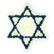 The photograph features a large, striking Star of David floral arrangement, its form rendered with precision and tenderness against a simple, pure white background. The six-pointed star is composed entirely of small-petalled flowers, combining fresh, clean white tones with a dark, velvety navy blue. A broad, fluffy border of white chrysanthemums runs along the outer edge of the star, softening each point and angle into something gentle and embracing. Within this white halo, a central hexagon of matching white blooms provides a calm focal point, like a quiet breath at the centre of the design. From this heart, six triangular points of deep blue flowers fan outward, their closely packed petals creating large areas of uninterrupted colour that feel both bold and contemplative. At the base of each blue point, a smaller white triangle appears, carefully aligned to create an intricate pattern of light and dark that draws the eye around the star. The lighting is even, highlighting the natural texture of each petal without harsh shadows, reinforcing the sense of peace. It is easy to imagine this tribute prepared in a Stanmore florist's workspace, destined for a Jewish funeral at a local synagogue or a family home near Belmont Circle during shiva. The harmonious balance of white purity and blue depth speaks of remembrance, faith, and quiet support, making this floral Star of David a meaningful way to honour a loved one within the Stanmore Jewish community.