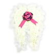 An ethereal angel-wing floral design is pictured against a clean white backdrop, conveying a sense of gentle peace well suited to a Stanmore farewell. The wings arch outward in a soft, protective curve, each one formed from a densely woven layer of tiny white blooms-likely spray carnations or compact chrysanthemums-so closely positioned that they create an almost seamless, cushion-like surface. The petals overlap in subtle waves, giving the appearance of downy softness. Along the wing edges, delicate white feathers are interspersed among the flowers, their fine strands diffusing the outline so that the wings appear almost to glow. At the point where the two wings meet, the florist has created a rich central feature: a compact, circular cluster of deep purple petals and foliage, lush and velvety, bringing depth and a sense of quiet dignity. On top of this darker circle lies a striking fuchsia satin bow, gleaming softly, its loops full and its ribbon tails trailing down the centre like a gentle cascade of colour. Cradled within the bow's centre is a single pale pink rosebud, only partly open, hinting at innocence, tenderness, and a love that continues beyond parting. The interplay of the pure white wings, the dark purple accent, and the bright yet soft pink touches creates a moving, visually balanced tribute. This kind of angel-wing arrangement, often chosen by families in Stanmore for funerals, memorials, or anniversary remembrances, offers a quiet message of guardianship, purity, and heartfelt sympathy, like a floral blessing watching over someone deeply missed.