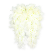 A pair of angel wings fashioned from pure white flowers and delicate feathers fills this image, capturing the quiet grace of a sympathy tribute. The wings are symmetrically arranged, gently tapering towards the tips, and bordered with a fringe of soft, downy white feathers that overlap in small tufts. These feathers frame an inner surface densely tiled with tiny white blooms, probably mini chrysanthemums with closely packed petals forming a plush, cushion-like texture. The flowers appear fresh and cool, their petals smooth and slightly rounded, with the faintest touch of pale green or creamy yellow at the centres of some heads, just enough to create natural variation within the snowy white expanse. Set against a clean, pale background, the wings cast only a slight shadow, which hints at their sculpted volume and the shallow curve of each side, almost as if they've just come to rest. The composition feels still, reverent, and comforting, making it well suited to a funeral or remembrance service in Stanmore-perhaps placed near the front of a chapel or in a peaceful corner where family and friends gather to reflect. The angelic form suggests protection, love, and a sense of guiding presence, like a pair of invisible arms enfolding someone dear. Crafted with evident skill and care, the tribute reflects the steady hand of a local florist who understands the community's needs in moments of loss. It offers a visual prayer of peace and farewell, understated yet deeply moving in its calm, white simplicity.